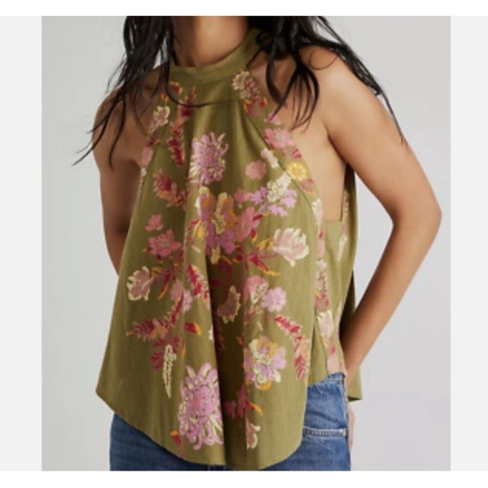 NWT Free People Emily Printed Tank Top Small Green Floral Boho Halter Blouse